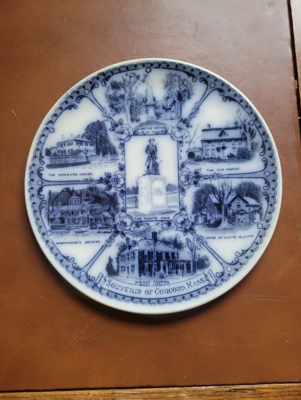 Antique Concord Mass Souvenir Plate Blue Transferware Minute Man England Wellman